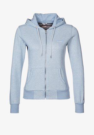 Felpa azzurra con zip realizzata in morbido misto cotone. Dotata di cappuccio con cordino, tasche frontali, polsini a coste e dettagli del logo discreti.