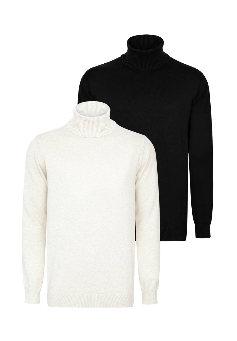 Zwei Rollkragenpullover, einer in Creme und einer in Schwarz, mit gerippten Kragen und Bündchen, aus weichem Stoff mit glatter Textur.