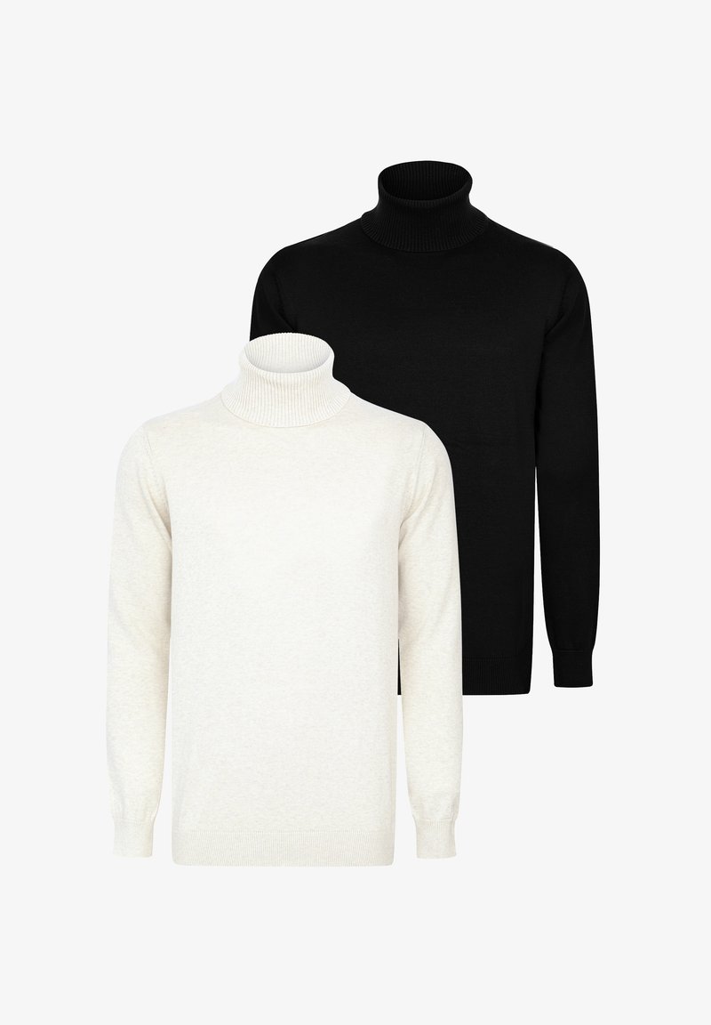 Kaks turtleneck-sweatshirtit, üks kreemjas ja teine must, ribidega krae ja mansettidega, pehmest kangast sujuva tekstuuriga.