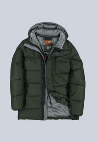 Green puffer jacket with a hood, featuring a gray lining, zippered front, multiple pockets, and a quilted design for insulation.