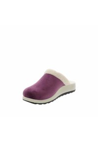 Zoccolo viola slip-on con una morbida colletto bianco peloso, texture simil-suede e una suola leggera con fondo nera a motivo.