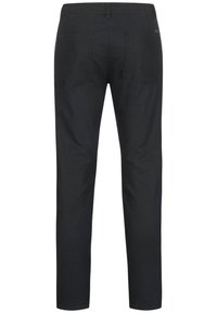 Black trousers made of cotton blend fabric, featuring a simple design, straight cut, and two back pockets. Smooth texture with minimal detailing.