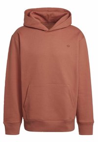 Rustfärgad huvtröja med kenguruficka, ribbade muddar och nederkant, samt en liten broderad logotyp på vänster bröst.