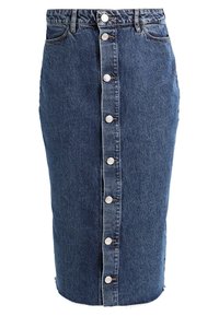 Tummansininen farkuhame, jossa on edessä nappikiinnitys viidellä napilla, vyölenkit, sivutaskut ja revitty helma.