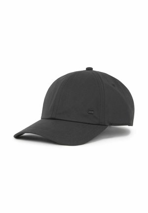 Casquette de baseball noire à six panneaux avec visière incurvée et petit logo sur le devant, présentée sur fond blanc.