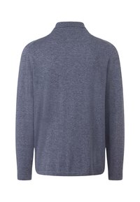 Mörkblå långärmad polo skjorta, tillverkad av mjukt tyg med en slät yta. Har en krage och en avspänd passform.