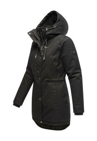 Parka noire isolante avec capuche, fermeture avant à glissière et boutons, cordons de serrage ajustables et poches latérales. Doublure intérieure texturée.