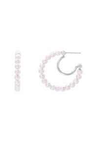 Ohrringe mit einem Hoop-Design, pinken Perlen und einem silbernen Metallverschluss. Die Perlen sind gleichmäßig auf dem kreisförmigen Hoop verteilt und schaffen ein klassisches Design.