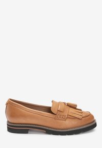 Tanlæder loafers med dekorative kvaster, vævede detaljer og en gummisål. Rund tå og flad profil for komfortabel brug.