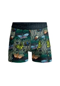 Boxer shorts with a black waistband featuring a colorful butterfly and insect pattern against a dark green and patterned background.