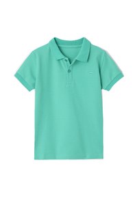 Türkises Poloshirt aus Baumwollstoff. Mit klassischem Kragen, kurzen Ärmeln und einem kleinen gestickten Logo auf der Brust.
