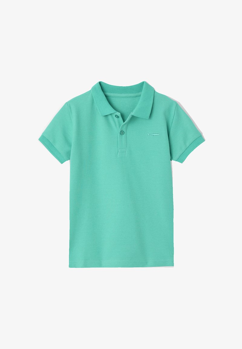 Türkises Poloshirt aus Baumwollstoff. Mit klassischem Kragen, kurzen Ärmeln und einem kleinen gestickten Logo auf der Brust.
