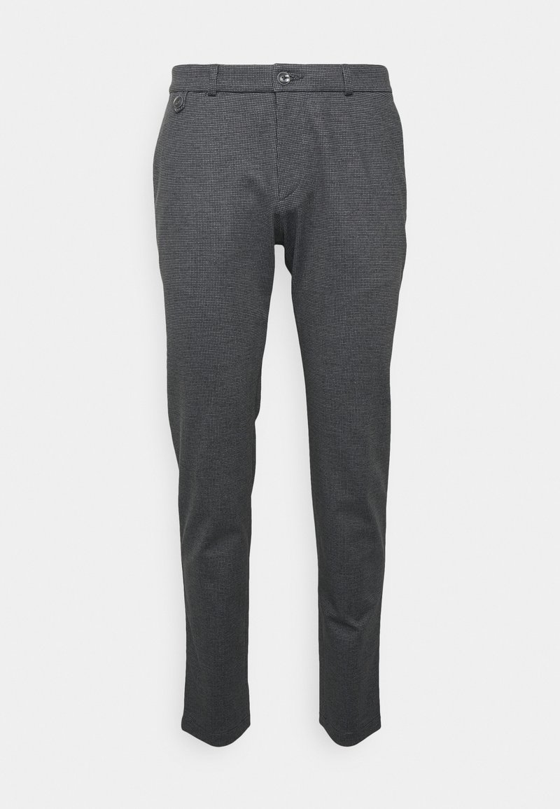 Gray trousers made of textured fabric, featuring a slim fit, two front pockets, and a single button closure with belt loops.