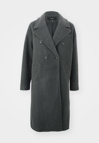 Abrigo largo gris de mezcla de lana con diseño de doble botonadura, grandes solapas, dos bolsillos frontales y tejido texturizado.