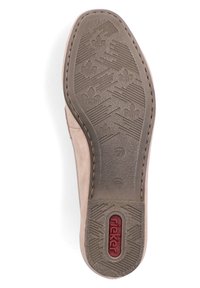 Light pink, suede shoe with a textured rubber sole. Features floral patterns and a red "Rieker" logo on the heel. Size 37 marked.