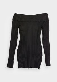 Černý žebrovaný pletený top s dlouhým rukávem a odhalenými rameny, s přiléhavým střihem a jemně řasenými okraji v oblasti výstřihu, na manžetách a na lemu.