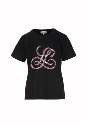Črna kratka majica s kratkimi rokavi s pisanim cvetličnim vzorcem, ki na sprednji strani tvori abstraktno vrtinčno obliko.