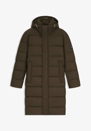 Parka verde scuro con cappuccio, dotata di zip frontale, cuciture verticali e tasche laterali. Tessuto liscio con un design a trapunta.