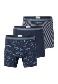Three pairs of men's briefs in dark blue, featuring a bear and mountain pattern, solid dark blue, and navy stripes. Soft fabric and elastic waistbands.