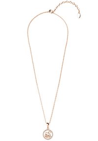 Rozen gouden ketting met een ronde hanger met een gedetailleerd ontwerp en een cirkel van bevestigde heldere rhinestones. Verstelbare kettinglengte.