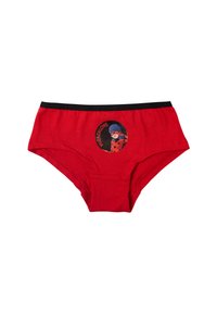 Slip di cotone rosso con vita nera. Presenta una grafica circolare con un design di personaggio sul davanti. Forma classica del slip.