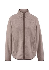 Fleecejacke in Hellbraun mit hohem Kragen, Frontreißverschluss und zwei Seitentaschen. Mit Raglanärmeln und einem strukturierten Stoff.