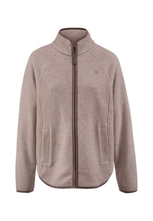 Fleecejacke in Hellbraun mit hohem Kragen, Frontreißverschluss und zwei Seitentaschen. Mit Raglanärmeln und einem strukturierten Stoff.