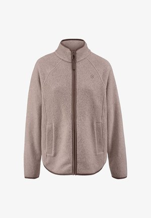 Fleecejacke in Hellbraun mit hohem Kragen, Frontreißverschluss und zwei Seitentaschen. Mit Raglanärmeln und einem strukturierten Stoff.