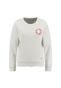 Felpa di colore crema realizzata in morbido tessuto, con un logo circolare rosso "Key Largo California" sul petto e polsini e orlo a costine.