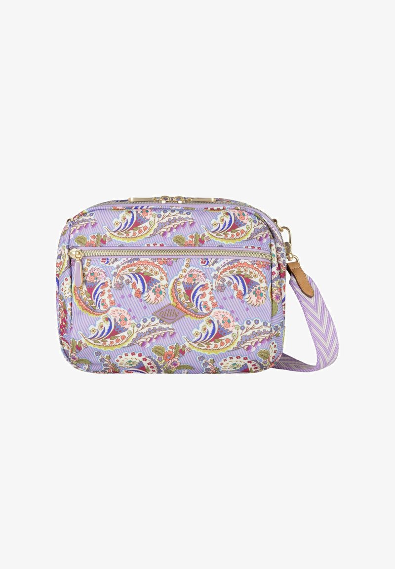 Borsa a tracolla lavanda con cerniere dorate, motivo floreale paisley e tracolla a chevron regolabile.
