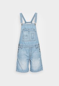 Jeansoverall i ljusblått med justerbara axelband, fickor och slitna detaljer. Kort längd, knappdetaljer på sidorna.