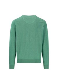 Grøn strikket sweater med rund hals, lange ærmer og ribbede manchetter og kant. Blød tekstur med et subtilt meleret mønster.