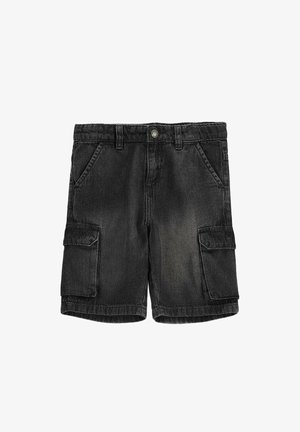 Czarne spodenki typu cargo z denimu, z zapięciem na guzik, szlufkami na pasek, przednimi kieszeniami oraz klapowymi kieszeniami bocznymi.