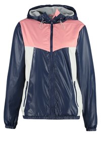 Marinblå, rosa och vit lättviktsjacka med huva, framdragkedja, elastiska ärmmuddar och sidofickor. Slätt, glänsande tyg med färgblockeringdesign.