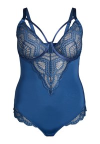 Blå blonde bodystocking med bølgede kanter, polstrede kopper, undertrøje støtte og dobbelte skulderstropper foran og bagpå.