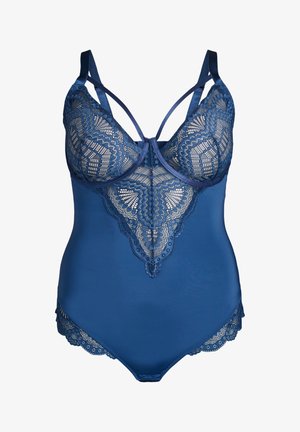 Body azul de encaje con bordes en forma de concha, copas acolchadas, soporte con varillas y dobles tirantes en el frente y en la parte posterior.