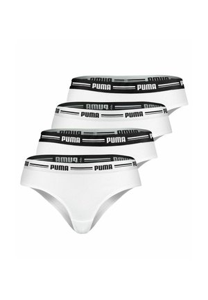 White women's underwear with a black Puma logo waistband, featuring a smooth texture and a classic brief design, stacked in four layers.