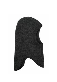 Graue Wollbalaclava mit glatter Textur. Sie hat eine verlängerte Form, die Kopf, Hals und obere Schultern bedeckt, mit abgerundeten Kanten.