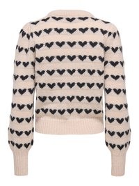 Pull beige en maille avec manches longues, présentant des rangées horizontales de petits motifs de cœurs noirs sur le dos et les manches.