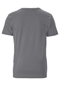 Camiseta gris de manga corta hecha de suave algodón, con un clásico cuello redondo y una textura simple y lisa. Sin gráficos ni patrones.