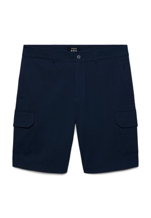 Pantaloncini cargo da uomo blu navy con chiusura a bottone, passanti per cintura, tasche laterali e tasche con patta su ogni gamba.
