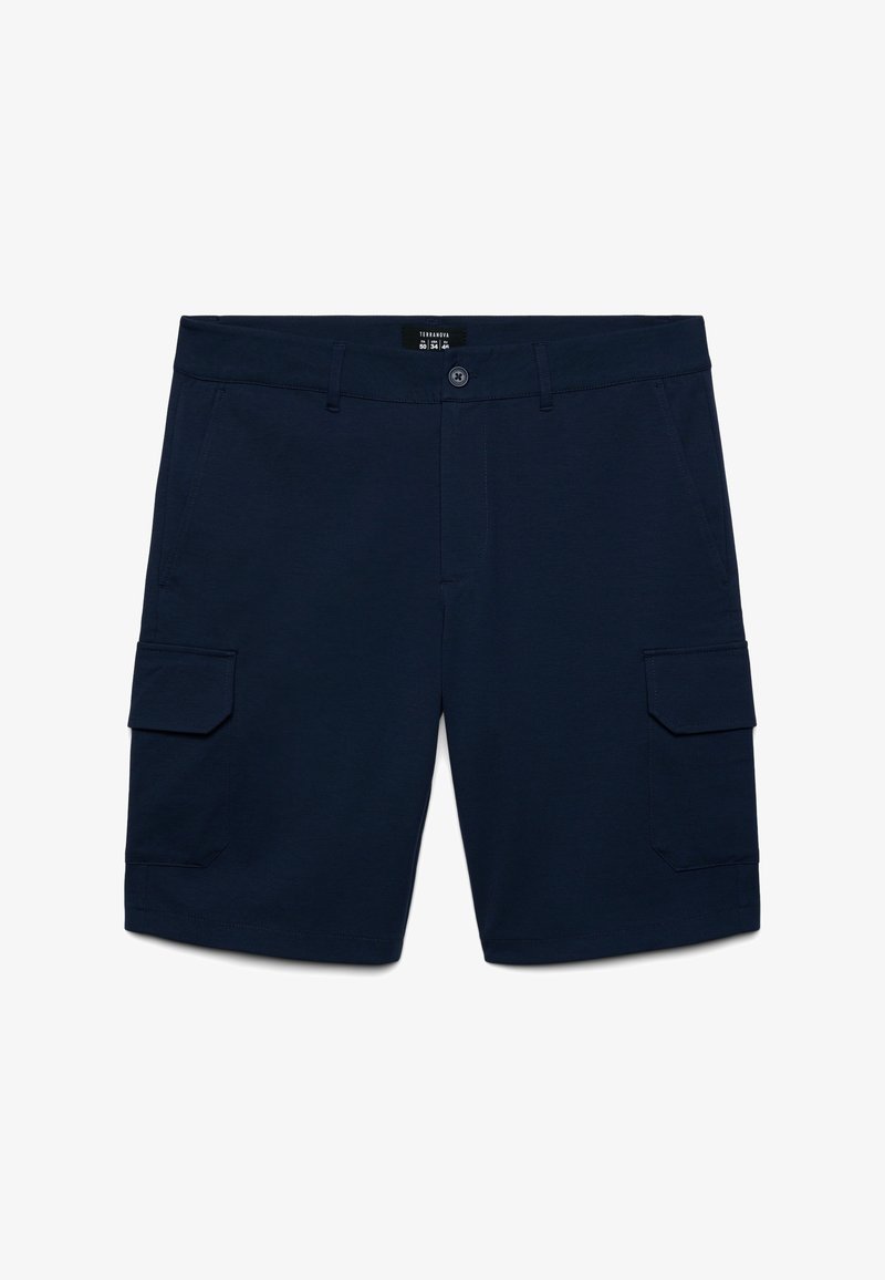 Pantaloncini cargo da uomo blu navy con chiusura a bottone, passanti per cintura, tasche laterali e tasche con patta su ogni gamba.
