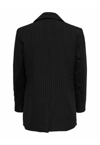 Svart kostymjacka med rutigt mönster, strukturerad krage, långa ärmar och en enda vent bak. Tyget har en slät yta.