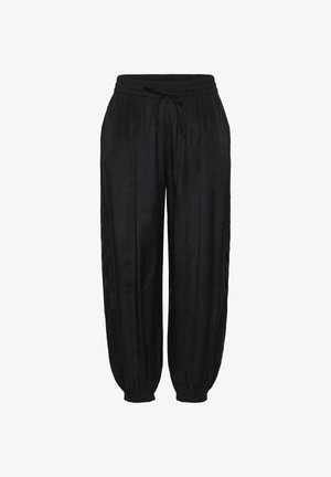 Pantalon noir à coupe ample avec taille élastique, cordon de serrage et bords élastiques aux chevilles.