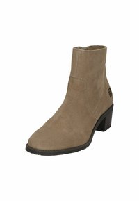 Stiefelette aus Wildleder in Taupe, mit spitzem Zehenbereich, dezenten Nähten und einem Blockabsatz. Einfaches Design mit strukturierter Oberfläche.