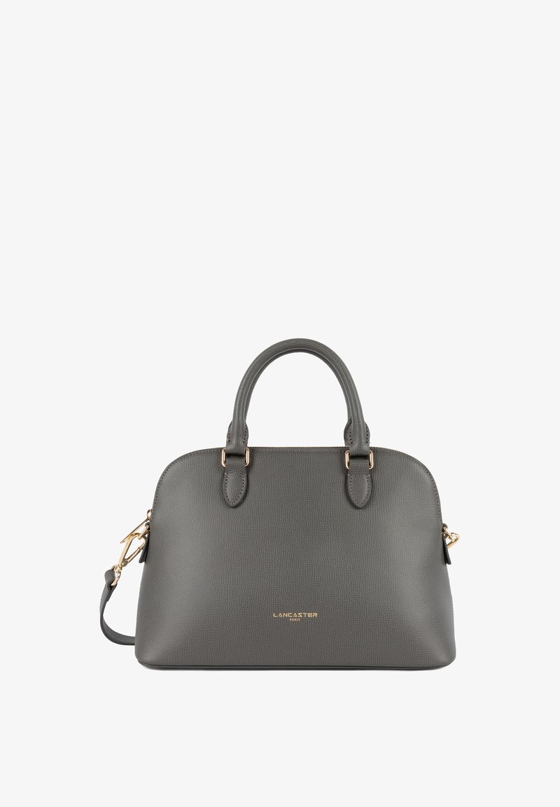 Borsa a mano grigia in pelle con doppio manico, dettagli in metallo dorato e forma strutturata. Presenta una superficie testurizzata e una tracolla staccabile.