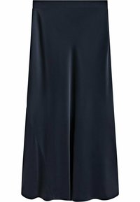 Jupe midi marine, en satin lisse, design fluide avec un panneau avant asymétrique, taille élastique, sans matériel ni motifs visibles.