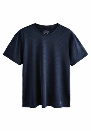 Marinblå kortärmad t-shirt med geometriskt mönster, rundad hals, tillverkad av lättviktig tyg, med en liten logotyp på fållen.