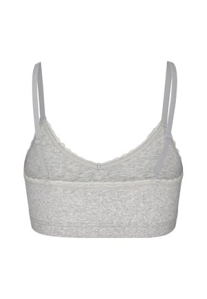 Light gray seamless bra with adjustable thin straps and subtle lace trim along the top edge, viewed from the back.