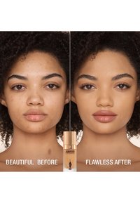Airbrush foundation in a gold and clear bottle, with model's skin before and after application showing improved complexion and texture.